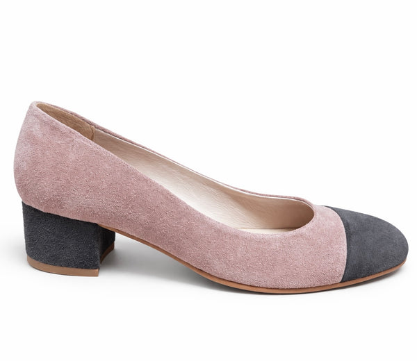 Pantofi dama din piele naturala intoarsa, cu toc mic, roz - KENTIA Rosa