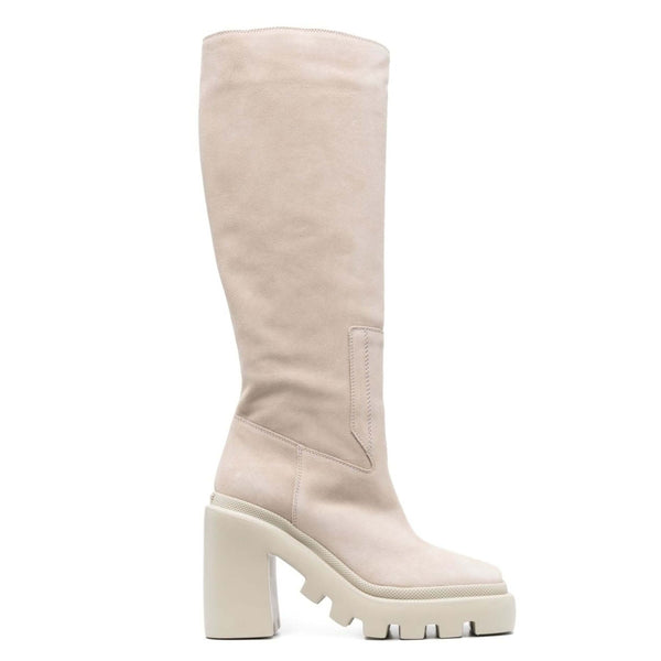 Cizme dama din piele naturala intoarsa nude Vic Matié cu toc gros, design tubular, inaltime 41 cm.