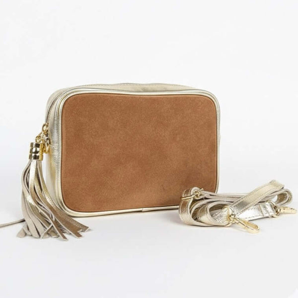 Poseta mica pentru femei din piele naturala intoarsa, maro-auriu- Made in Italy
