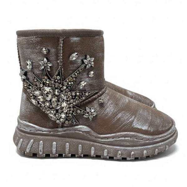 Ghete dama din material textil, îmblanite, taupe-Movie's AH140VE cu accesorii metalice strălucitoare.