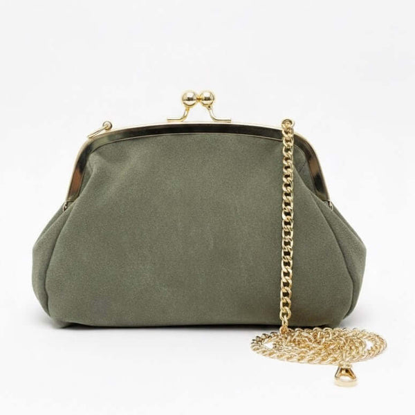 Poseta medie pentru femei din piele naturala intoarsa, verde- Made in Italy