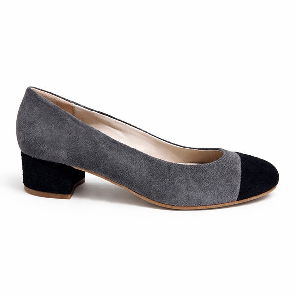 Pantofi dama din piele naturala intoarsa, cu toc mic, gri - KENTIA Antracite