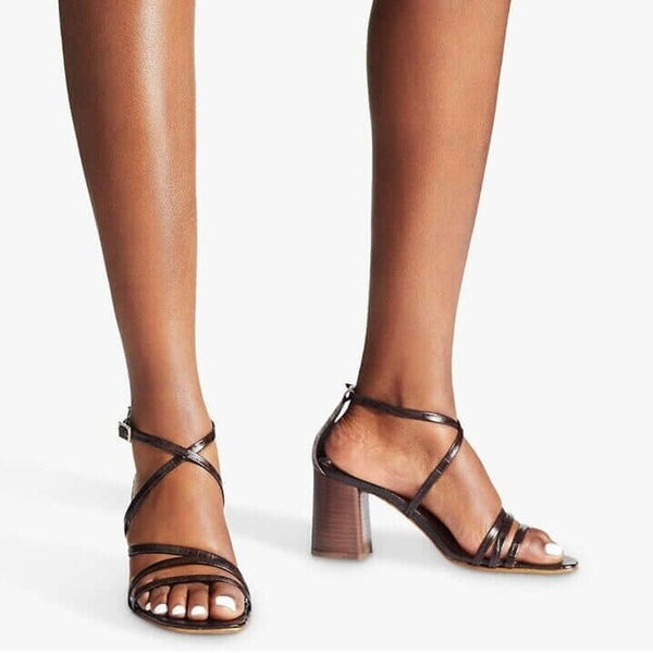 Sandale dama piele naturala maro inchis Carvela Croc Print Leather Keel, cu toc de 7 cm si curea pe glezna.