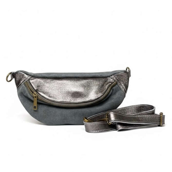 Borseta pentru femei din piele naturala intoarsa, gri laminat- Made in Italy