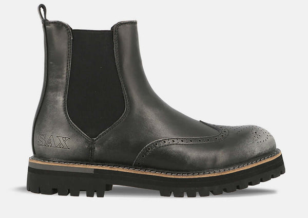 Ghete barbati din piele naturala negru SAX, stil modern, perfecta pentru toamna-iarna 2024, confortabile si durabile.