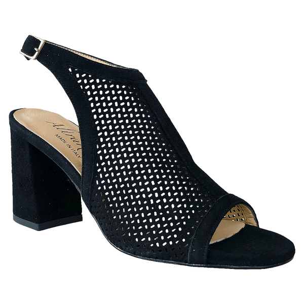 Sandale dama din piele intoarsa, negru, cu toc de 8.5 cm, design elegant, Made in Italy, Colectia Vara 2025.