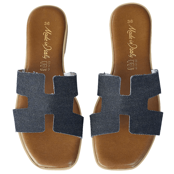 Papuci dama din piele naturala si material jens, bleumarin -Made in Italy H Jeans