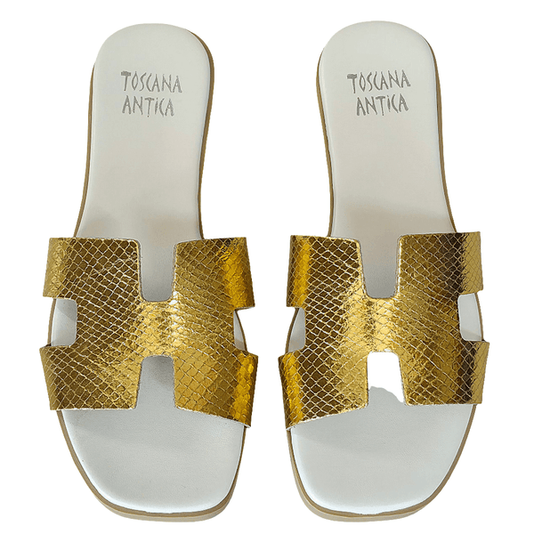 Papuci dama din piele naturala auriu, model elegant, Made in Italy, Colectia Vara 2024, confortabili si stilati.