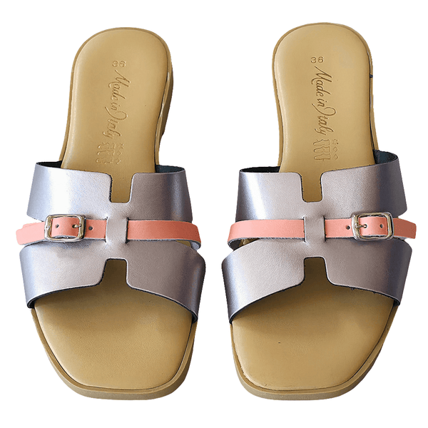 Papuci dama din piele naturala lila, Made in Italy, cu barete și catarame elegante, Colectia Vara 2025.