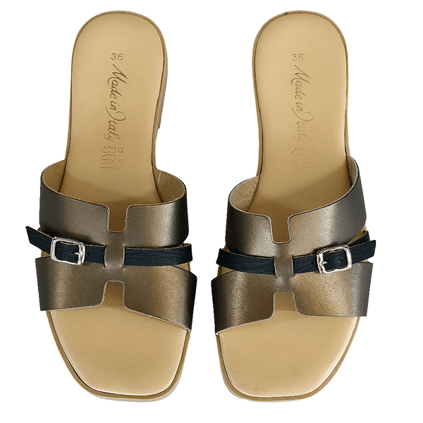 Papuci dama din piele naturala bronz si negru, Made in Italy, colectia vara 2025, stil elegant si confortabil.