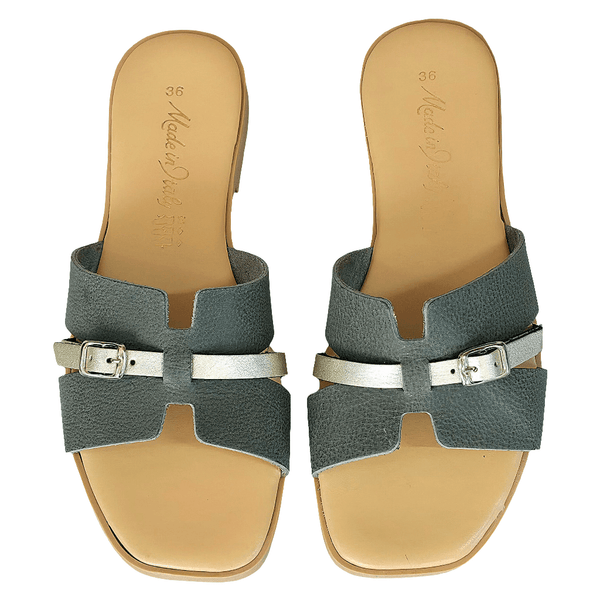 Papuci dama din piele naturala gri cu auriu, Made in Italy, din colectia Vara 2025.