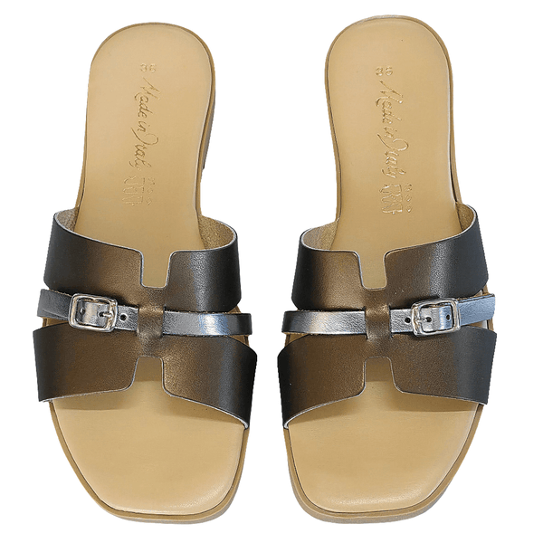 Papuci dama din piele naturala aramiu si argintiu, stil modern, confortabili, Made in Italy, Colectia Vara 2025.