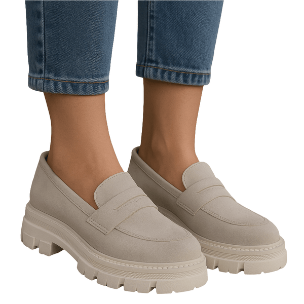 Pantofi dama din piele intoarsa bej, cu talpa flexibila, perfecti pentru primavara/vara 2025.