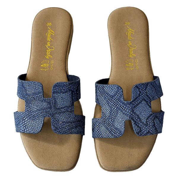 Albastru papuci dama din piele naturala, Made in Italy, pentru Vara 2025, model elegant si confortabil.