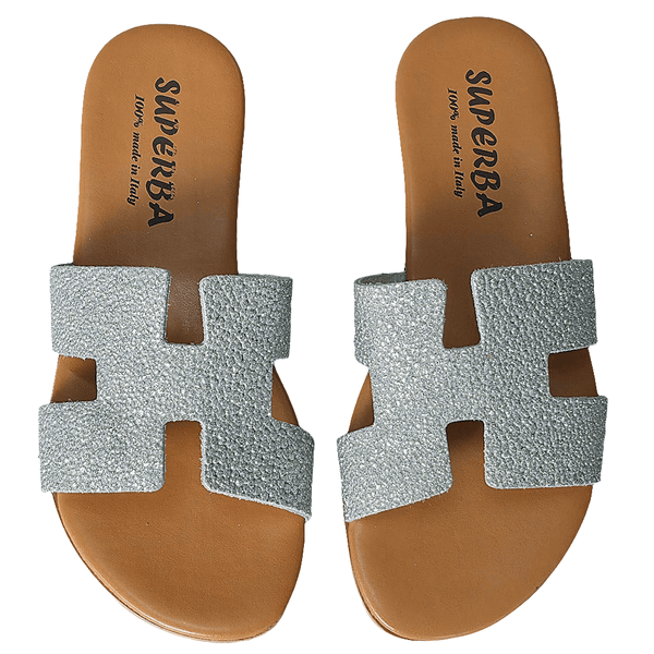 Papuci dama argintii din piele naturala, Superba, confortabili si eleganti, colectia Vara 2025, made in Italy.