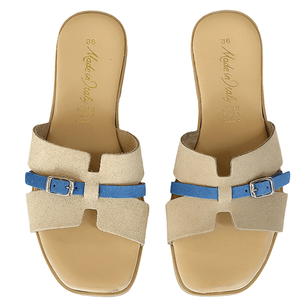 Papuci dama piele naturala intoarsa bej cu detalii albastre, Made in Italy, Colectia Vara 2025, stil elegant.