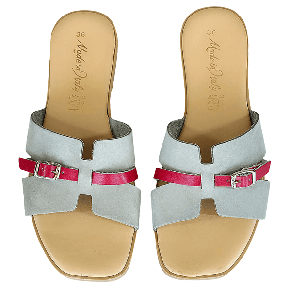 Papuci dama din piele naturala nabuk, gri si rosu, Made in Italy, Colectia Vara 2025, confortabili si eleganti.