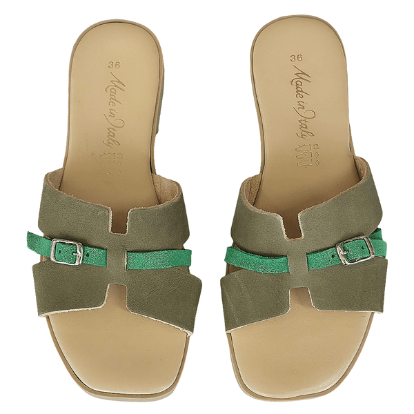 Papuci dama din piele naturala intoarsa, Oliv, Made in Italy, cu detalii verzi, Colectia Vara 2025.