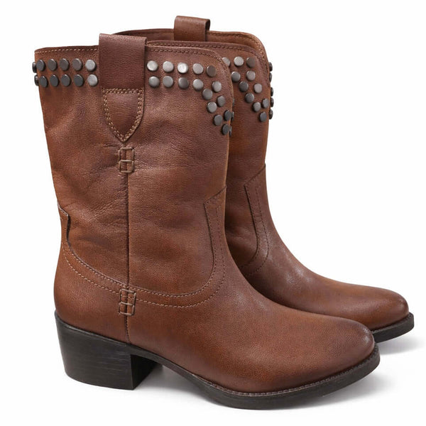 Botine dama din piele naturala, cu toc, coniac-Mexoy KI-5894 - design modern cu catarame metalice