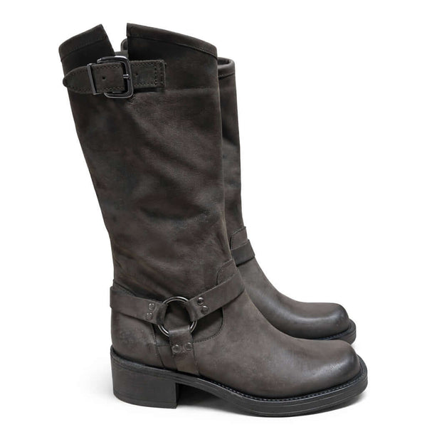 Cizme biker femei din piele naturala nabuk, maro- Riccianera, Art BIK 2F Nabuk, cu toc de 4.5 cm, 30 cm inaltime.