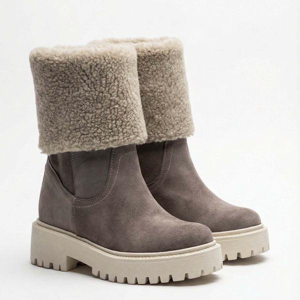 Cizme dama din piele naturala întoarsă, imblanite, gri-Made în Italy, Art 3023 Tortora, stil modern, confortabile pentru iarna.