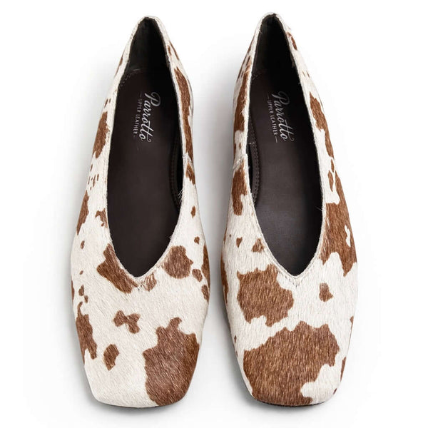 Pantofi dama din piele naturala pony, bej -Parotto EM-7642 BRN/WHT, cu imprimeu din piele, toc de 1.5 cm.