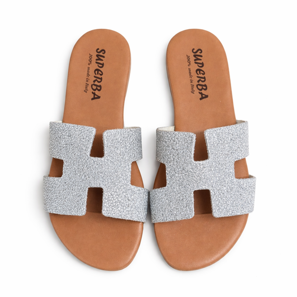 Papuci dama din piele naturala, Argintiu-Superba, Art H Pelle Arg/Brill R7 papuci argintii glitter piele naturala Made in Italy