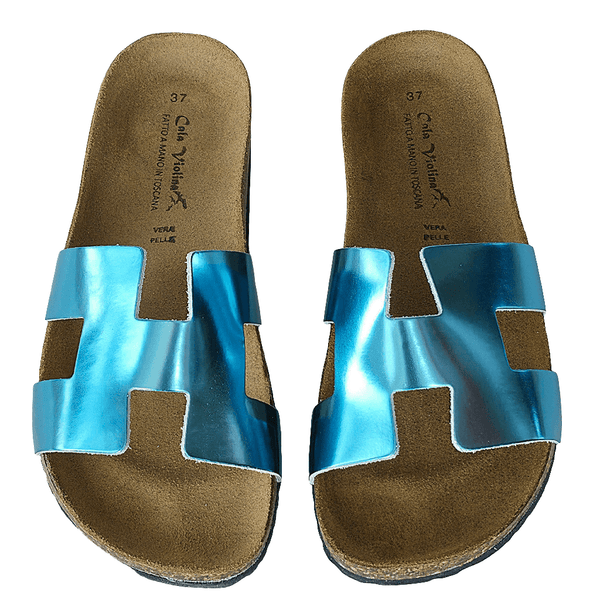 Papuci dama din piele naturala bleu sidef, stil elegant, din colectia Vara 2025, made in Italy, alt talpa 2 cm