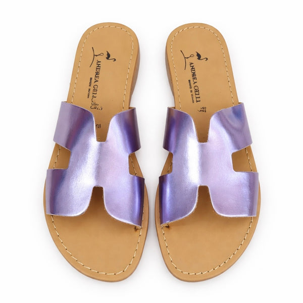 Alt Tag: Papuci dama din piele naturala, lila laminat- ANDREA GELLI Lido 501 papuci vara 2026 din piele naturala, Made in Italy