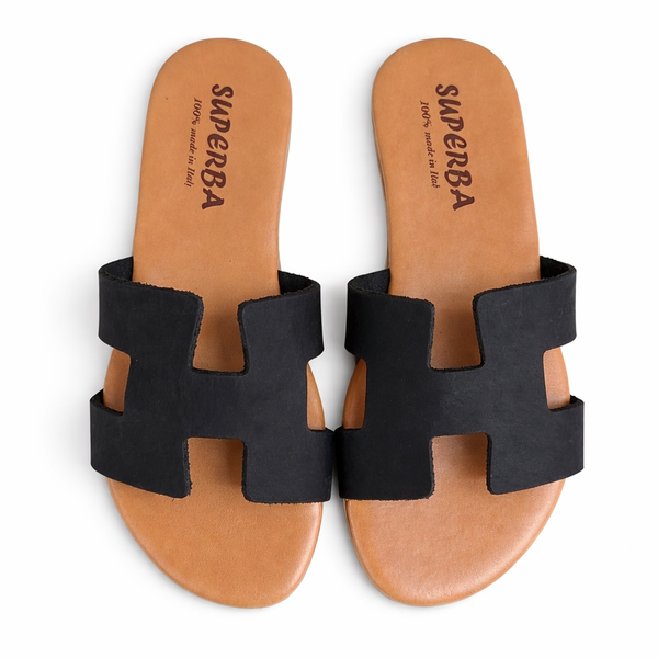 Papuci dama din piele naturala, negru-Superba, H Pelle Nero, Nabuk crazy R7 papuci dama piele naturala, Made in Italy